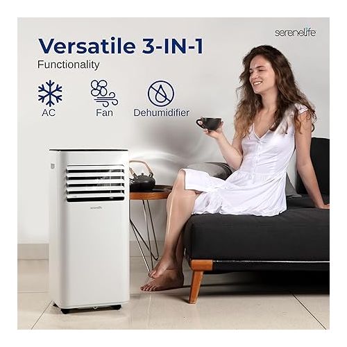  SereneLife SLPAC16W Portable Air Conditioner-10000 BTU Capacity (Ashrae) Compact Home A/C Cooling Unit with Built-in Dehumidifier & Fan Modes, Includes Window Mount Kit (White)