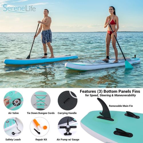  [아마존베스트]SereneLife Inflatable Stand Up Paddle Board (6 Inches Thick) with Premium SUP Accessories & Carry Bag | Wide Stance, Bottom Fin for Paddling, Surf Control, Non-Slip Deck | Youth &