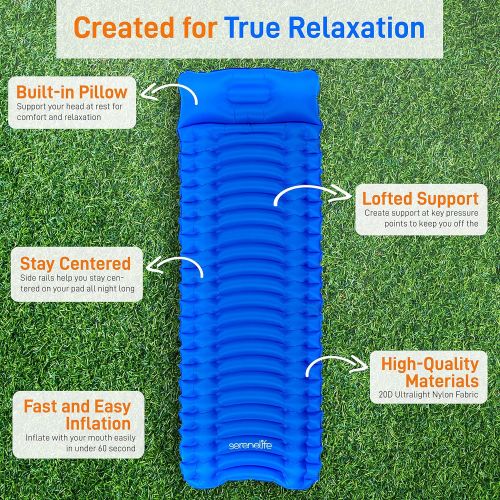  SereneLife Backpacking Air Mattress Sleeping Pad - Self Inflating Waterproof Lightweight Sleep Pad Inflatable Camping Sleeping Mat w/Carrying Bag - for Camping, Backpacking, Hiking - Sereneli