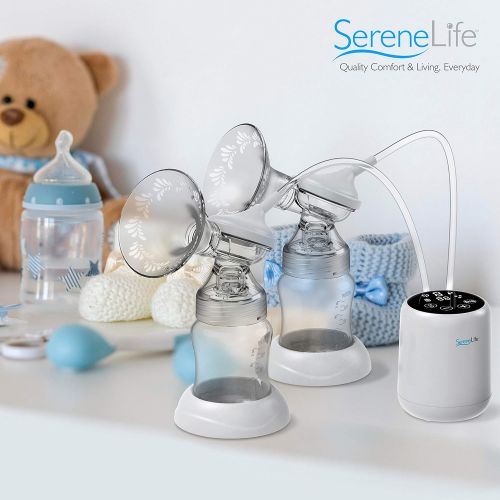  SereneLife Portable Double Electric Breast Pump - Silent Pain-Free Automatic Portable Breast Pump Machine w/ 2-Phase Expression Technology, Anti-Backflow Design, LED Display - BPA Free - Sere