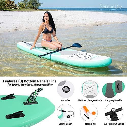  SereneLife Inflatable Stand Up Paddle Board (6 Inches Thick) with Premium SUP Accessories & Carry Bag | Wide Stance, Bottom Fin for Paddling, Surf Control, Non-Slip Deck | Youth &