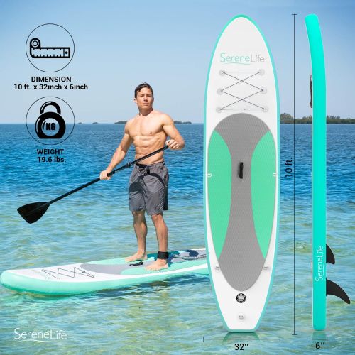  SereneLife Inflatable Stand Up Paddle Board (6 Inches Thick) with Premium SUP Accessories & Carry Bag | Wide Stance, Bottom Fin for Paddling, Surf Control, Non-Slip Deck | Youth &