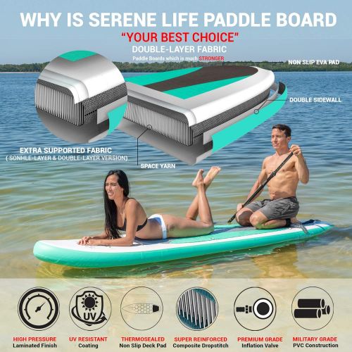  SereneLife Inflatable Stand Up Paddle Board (6 Inches Thick) with Premium SUP Accessories & Carry Bag | Wide Stance, Bottom Fin for Paddling, Surf Control, Non-Slip Deck | Youth &