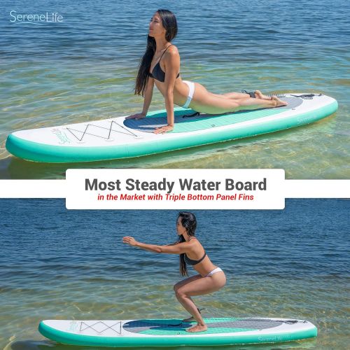  SereneLife Inflatable Stand Up Paddle Board (6 Inches Thick) with Premium SUP Accessories & Carry Bag | Wide Stance, Bottom Fin for Paddling, Surf Control, Non-Slip Deck | Youth &