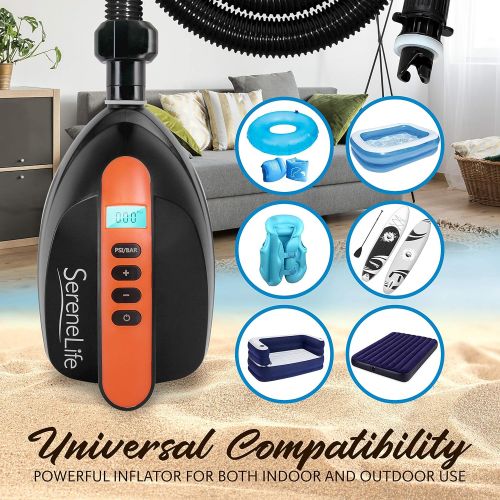  SereneLife Digital Electric Air Pump Compressor - 110W Rechargeable Quick Air Inflator w/LCD, 0-16 Adjustable PSI, for Inflatable SUP Stand Up Paddle Board/Boat, Water Sports Inflatables - Se