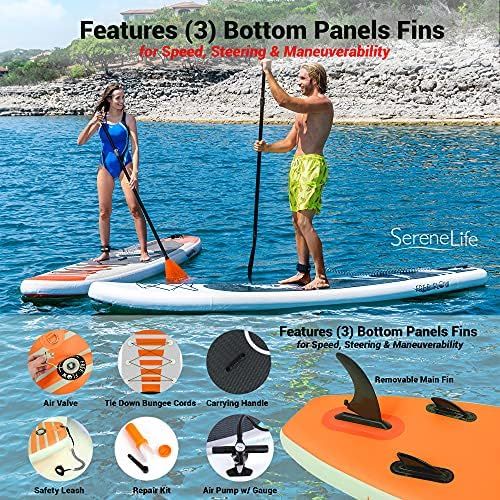  SereneLife Premium Inflatable Stand Up Paddle Board (6 Inches Thick) with SUP Accessories & Carry Bag | Wide Stance, Bottom Fin for Paddling, Surf Control, Non-Slip Deck | Youth &