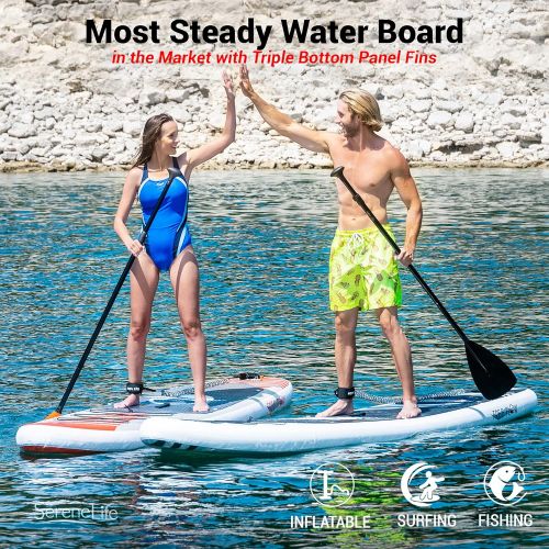  SereneLife Premium Inflatable Stand Up Paddle Board (6 Inches Thick) with SUP Accessories & Carry Bag | Wide Stance, Bottom Fin for Paddling, Surf Control, Non-Slip Deck | Youth &