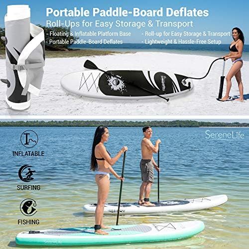  SereneLife Inflatable Stand Up Paddle Board (6 Inches Thick) with Premium SUP Accessories & Carry Bag | Wide Stance, Bottom Fin for Paddling, Surf Control, Non-Slip Deck | Youth &