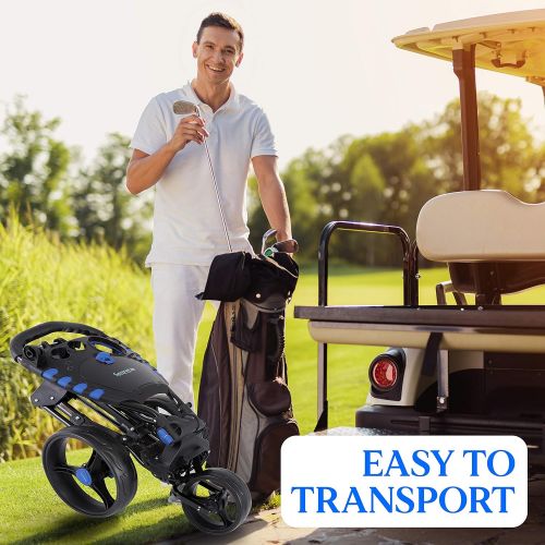  [아마존베스트]SereneLife 3 Wheel Golf Push Cart - Lightweight Folding Golf Walking Push Cart Roller Golf Bag Holder w/ Upper/Lower Bracket w/ Elastic Strap, Scorecard, Cup, & Bag Storage Holder - SereneLif