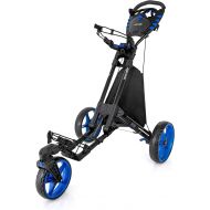 SereneLife 3 Wheel Golf Push Cart - Lightweight Folding Walking Push Cart Roller Golf Bag Holder w/Foot/Handle Brake, Upper/Lower Bracket w/Elastic Strap, Scorecard/Cup/Bag Storage