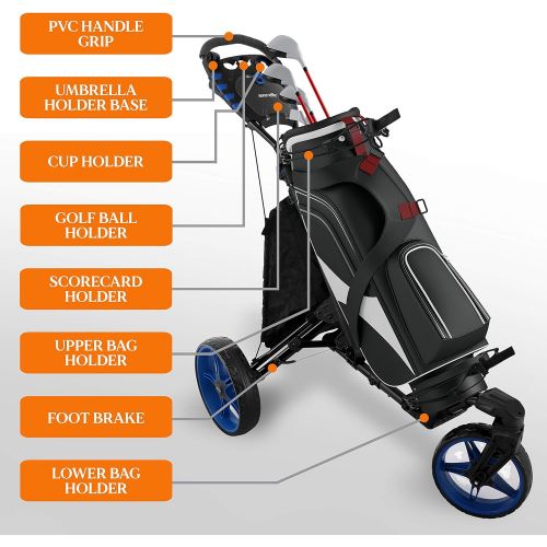  SereneLife 3 Wheel Golf Push Cart - Lightweight Folding Walking Push Cart Roller Golf Bag Holder w/Foot/Handle Brake, Upper/Lower Bracket w/Elastic Strap, Scorecard/Cup/Bag Storage