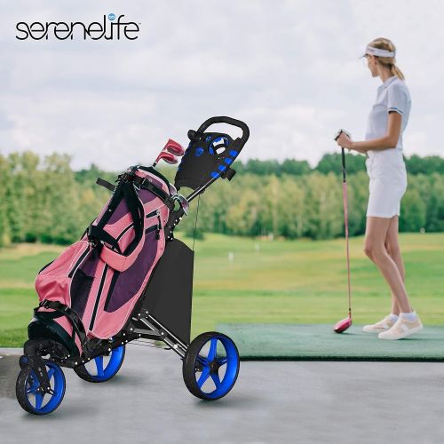  SereneLife 3 Wheel Golf Push Cart - Lightweight Folding Walking Push Cart Roller Golf Bag Holder w/Foot/Handle Brake, Upper/Lower Bracket w/Elastic Strap, Scorecard/Cup/Bag Storage