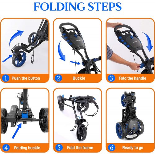  SereneLife 3 Wheel Golf Push Cart - Lightweight Folding Walking Push Cart Roller Golf Bag Holder w/Foot/Handle Brake, Upper/Lower Bracket w/Elastic Strap, Scorecard/Cup/Bag Storage