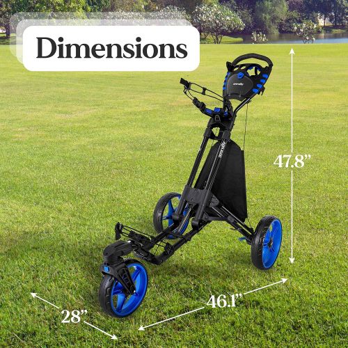  SereneLife 3 Wheel Golf Push Cart - Lightweight Folding Walking Push Cart Roller Golf Bag Holder w/Foot/Handle Brake, Upper/Lower Bracket w/Elastic Strap, Scorecard/Cup/Bag Storage