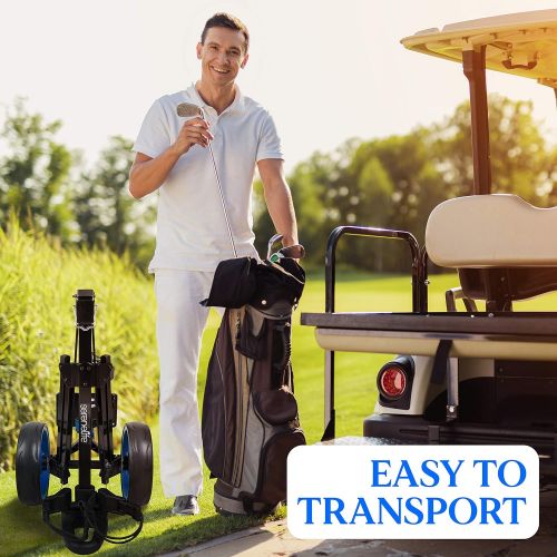  SereneLife 2 Wheel Golf Push Cart - Lightweight Folding Walking Push Cart Roller Golf Bag Holder Upper/Lower Bracket w/Elastic Strap, Bag Storage Holder SLGZX3