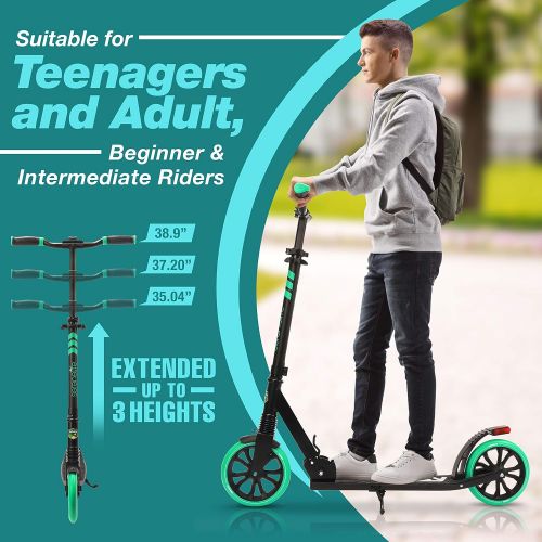  SereneLife Folding Kick Scooter for Adults and Kids ? Boys and Girls Freestyle Scooter with Big Wheels, 1-Kick Open Mechanism, Anti-Slip Rubber Deck and LED Light ? Folding Grips Handlebar Ad