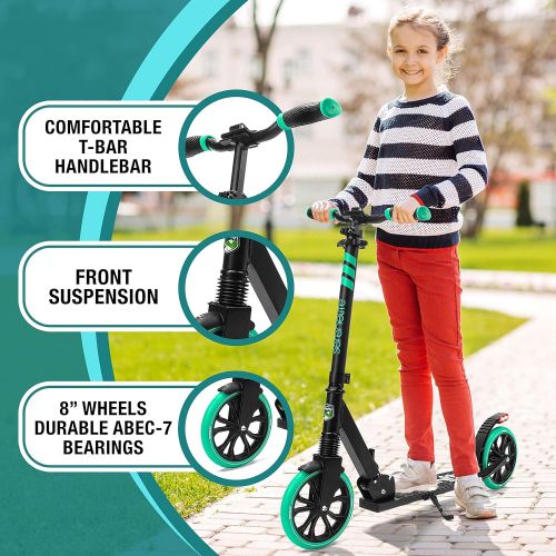  SereneLife Folding Kick Scooter for Adults and Kids ? Boys and Girls Freestyle Scooter with Big Wheels, 1-Kick Open Mechanism, Anti-Slip Rubber Deck and LED Light ? Folding Grips Handlebar Ad