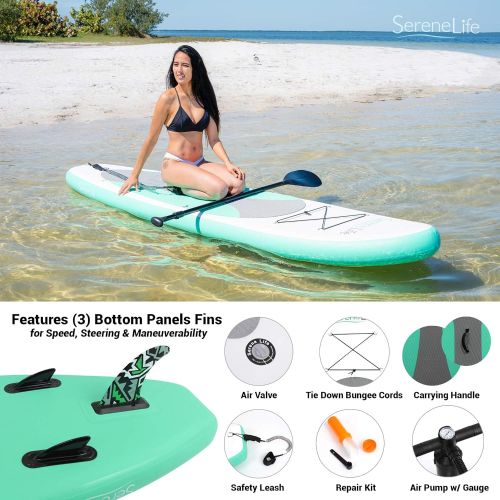  SereneLife Premium Inflatable Stand Up Paddle Board (6 Inches Thick) with SUP Accessories & Carrying Storage Bag | Wide Stance, Bottom Fin for Paddling, Surf Control, Non-Slip Deck