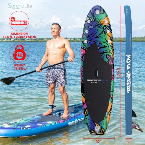  SereneLife Premium Inflatable Stand Up Paddle Board (6 Inches Thick) with SUP Accessories & Carrying Storage Bag | Wide Stance, Bottom Fin for Paddling, Surf Control, Non-Slip Deck