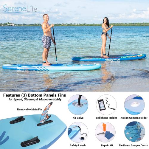  SereneLife Premium Inflatable Stand Up Paddle Board (6 Inches Thick) with SUP Accessories & Carrying Storage Bag | Wide Stance, Bottom Fin for Paddling, Surf Control, Non-Slip Deck