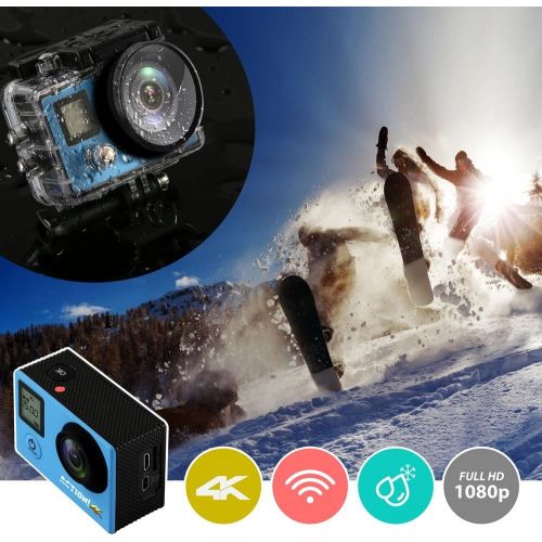  SereneLife 4K Ultra HD WiFi Pro Sport Action Camera - 1080p UHD Sports Mini Digital Video Camcorder Kit w 2 Monitor Screen - Waterproof Case, Strap, Helmet Mount Accessories Inclu