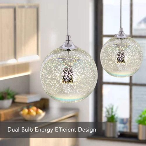  SereneLife Home Lighting Fixture - Dual Pendant Hanging Lamp Ceiling Light with 2 7.87” Circular Sphere Shaped Dome Globes, Sculpted Glass Accent, Adjustable Length and Screw-in Bu