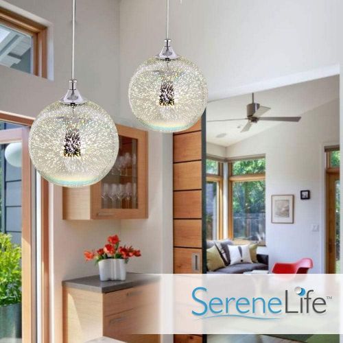  SereneLife Home Lighting Fixture - Dual Pendant Hanging Lamp Ceiling Light with 2 7.87” Circular Sphere Shaped Dome Globes, Sculpted Glass Accent, Adjustable Length and Screw-in Bu