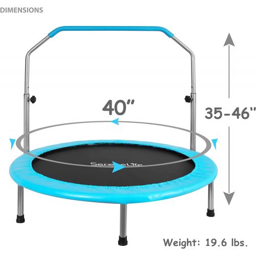  SereneLife Springless Sports Adult Size Trampoline - 33.8” Foldable Spacesaver Heavy Duty Jumping Mat Rebounder for Adults wPadded Frame Cover, 35” to 46” Adjustable Handrail, Carry Bag - Se