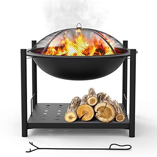  SereneLife Portable Outdoor Wood Fire Pit 2 in 1 Steel BBQ Grill 26 Wood Burning Fire Pit Bowl w/ Mesh Spark Screen, Cover Log Grate, Wood Fire Poker for Camping, Picnic, Bonfire SereneLi