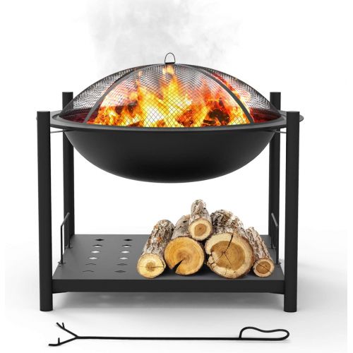  SereneLife Portable Outdoor Wood Fire Pit 2 in 1 Steel BBQ Grill 26 Wood Burning Fire Pit Bowl w/ Mesh Spark Screen, Cover Log Grate, Wood Fire Poker for Camping, Picnic, Bonfire SereneLi