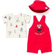 Sesame Street Elmo French Terry Short Overalls T-Shirt and Hat 3 Piece Outfit Set Newborn to Toddler