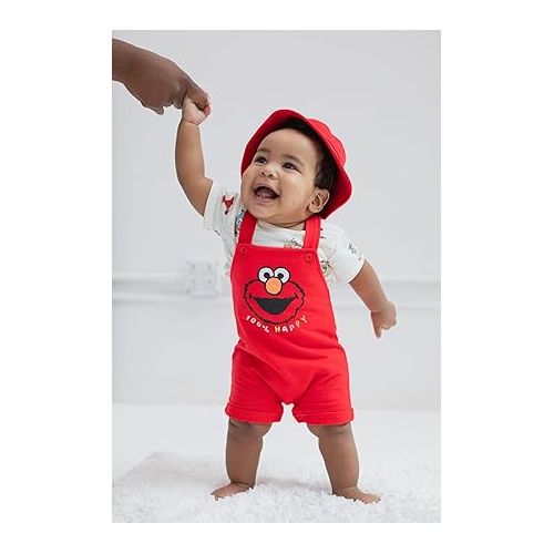  Sesame Street Elmo French Terry Short Overalls T-Shirt and Hat 3 Piece Outfit Set Newborn to Toddler