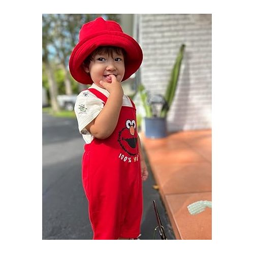  Sesame Street Elmo French Terry Short Overalls T-Shirt and Hat 3 Piece Outfit Set Newborn to Toddler