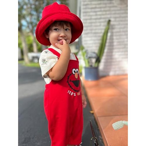  Sesame Street Elmo French Terry Short Overalls T-Shirt and Hat 3 Piece Outfit Set Newborn to Toddler
