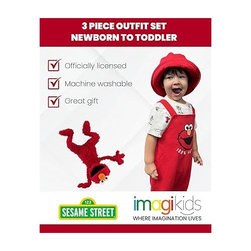  Sesame Street Elmo French Terry Short Overalls T-Shirt and Hat 3 Piece Outfit Set Newborn to Toddler