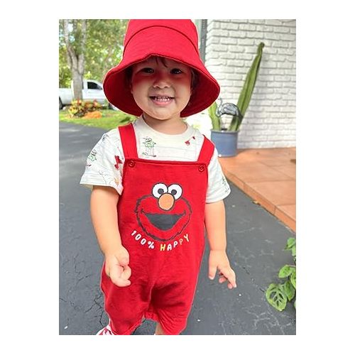  Sesame Street Elmo French Terry Short Overalls T-Shirt and Hat 3 Piece Outfit Set Newborn to Toddler