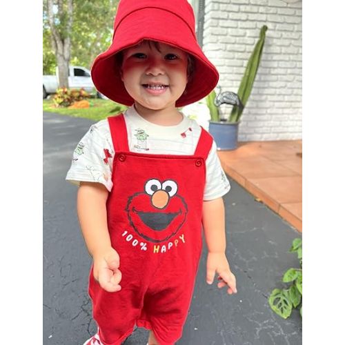  Sesame Street Elmo French Terry Short Overalls T-Shirt and Hat 3 Piece Outfit Set Newborn to Toddler