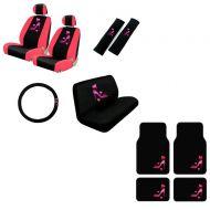 A Set of 15 Piece Automotive Gift Set: 2 Lowback Seat Covers, 1 Bench Cover, 1 Wheel Cover, 2 Shoulder Pads, 2 front carpet floor mats, and 2 rear floormats. - Pink High Heel