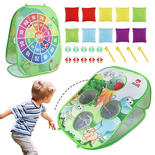  SevenQ Bean Bag Toss Game for Kids, 2 in1 Indoor Outdoor Toys Dinosaur Theme Cornhole Boards Double Sides Collapsible Portable Corn Hole Game with 10 Bean Bags,10 Balls, 4 Ground N