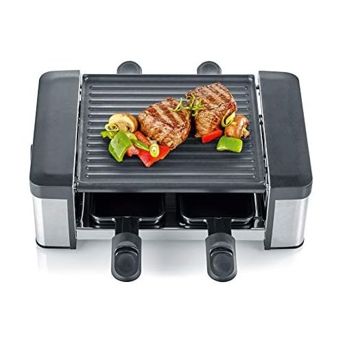  SEVERIN Raclette-Partygrill mit Wendegrillplatte, ca. 600 W, Inkl. 4 Pfannchen und 4 Holzschaber, RG 2674