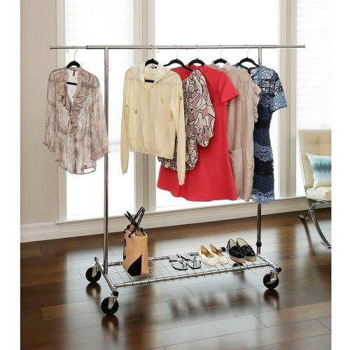  Seville Classics Commercial Single Rod Mobile Adjustable Clothing Garment Rack with Bottom Shelf, Silver