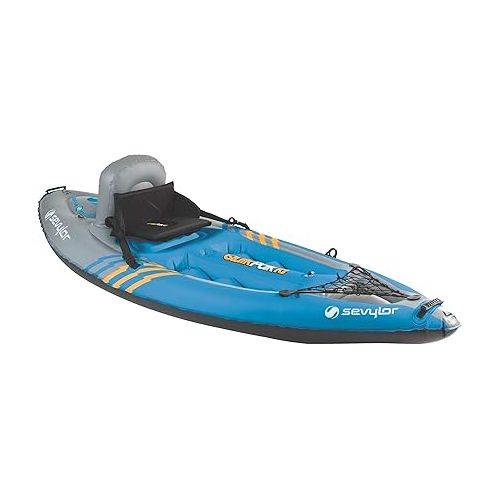  Sevylor QuickPak K1 1-Person Inflatable Kayak, Kayak Folds into Backpack with 5-Minute Setup, 21-Gauge PVC Construction; Hand Pump & Paddle Included