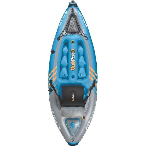  Sevylor QuickPak K1 1-Person Inflatable Kayak, Kayak Folds into Backpack with 5-Minute Setup, 21-Gauge PVC Construction; Hand Pump & Paddle Included