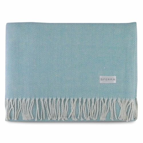  Sferra Celine Herringbone, 100% Cotton Throw Blanket - Aqua