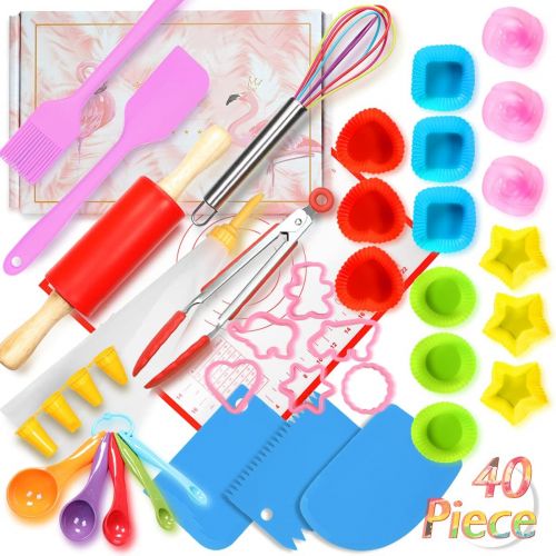  [아마존베스트]Shacoryze Kids Cooking and Baking Set 40 Pcs with Storage Case, Real Kitchen Utensils Kit for Toddlers Teens, Gift for Girls&Boys, Nonstick Rolling Pin Silicone Pastry Mat Cupcake