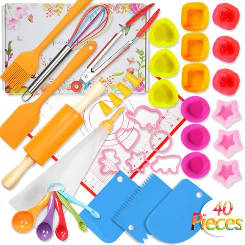  [아마존베스트]Shacoryze Kids Cooking and Baking Set 40 Pcs with Storage Case, Real Kitchen Utensils Kit for Toddlers Teens, Gift for Girls&Boys, Nonstick Rolling Pin Silicone Pastry Mat Cupcake