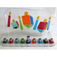 Shakufdesign Hanukkah Menorah with Colorful Dreidels and Hanukkah Candles, Fused Glass Menorah, Jewish Wedding Glass Gift, Bar Mitzvah Gift