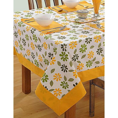 ShalinIndia Square Table Cloth for Dining Table 4 Seater with 4 Napkins 1 Runner Cotton Floral Design 60x60 Inch White