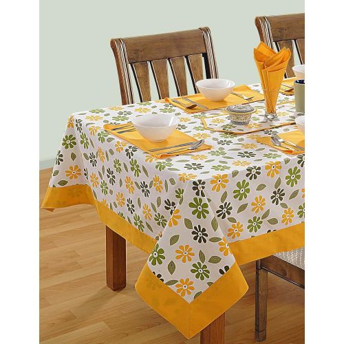  ShalinIndia Square Table Cloth for Dining Table 4 Seater with 4 Napkins 1 Runner Cotton Floral Design 60x60 Inch White