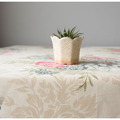  ShalinIndia Banquet Tablecloth 60 x 102 Inches For 6-8 Seater 6 Feet Rectangular Center Dining Table In Indian Cotton Cloth Floral Print Cream Border